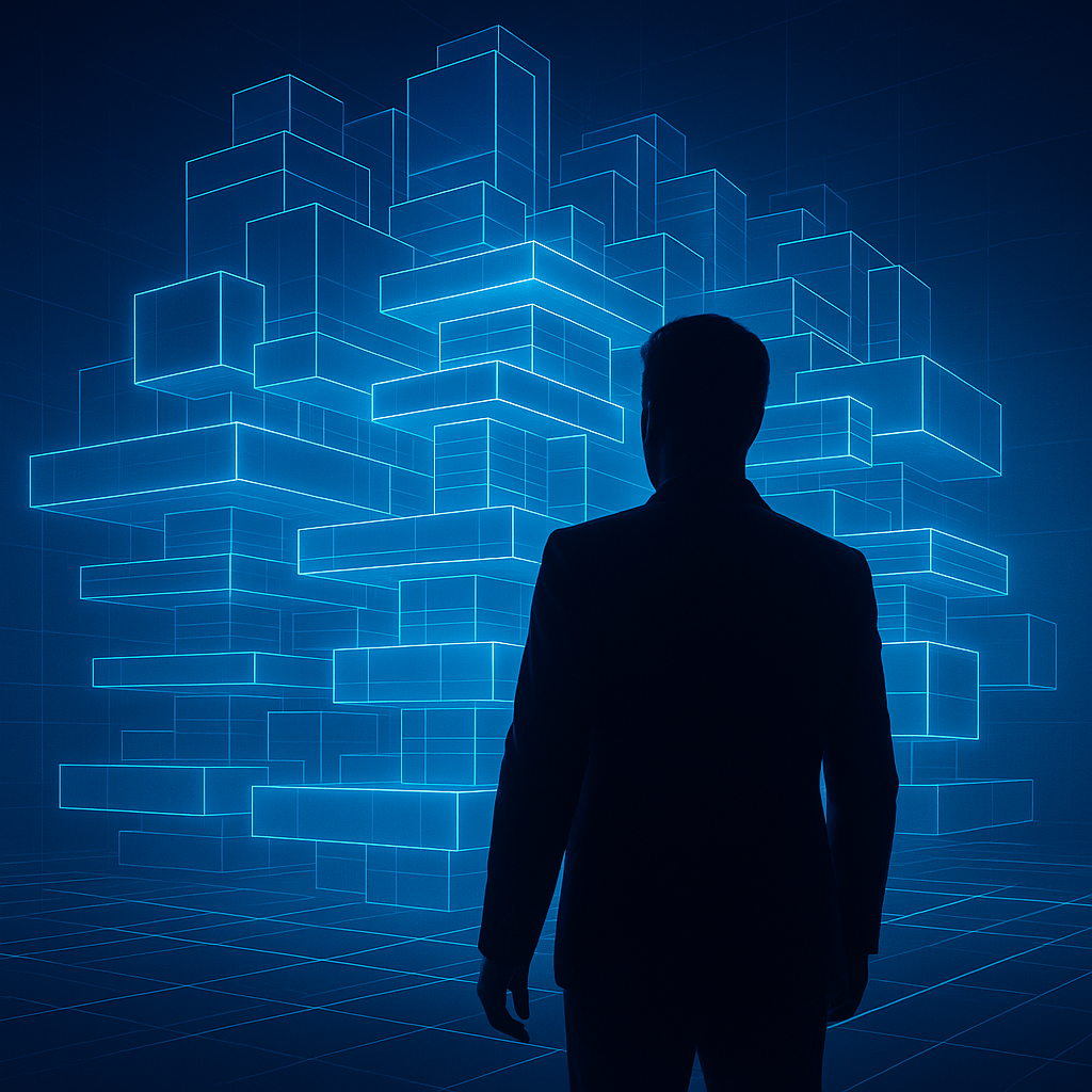 Silhouette leader analyzing a futuristic enterprise ecosystem architecture for JTH Epoch Holdings